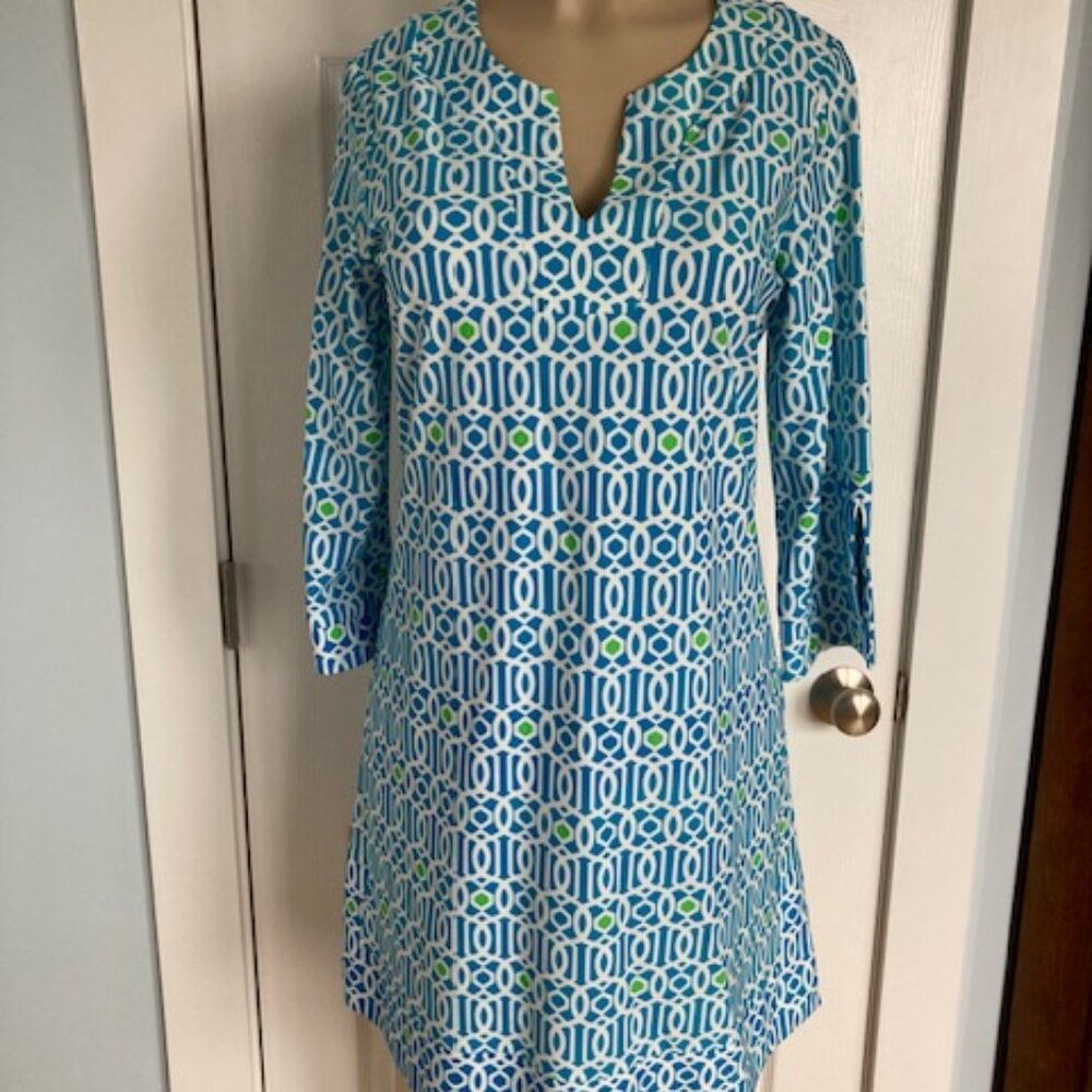 JUDE CONNALLY DRESS SIZE LARGE BLUE TRELLIS PATTERN
